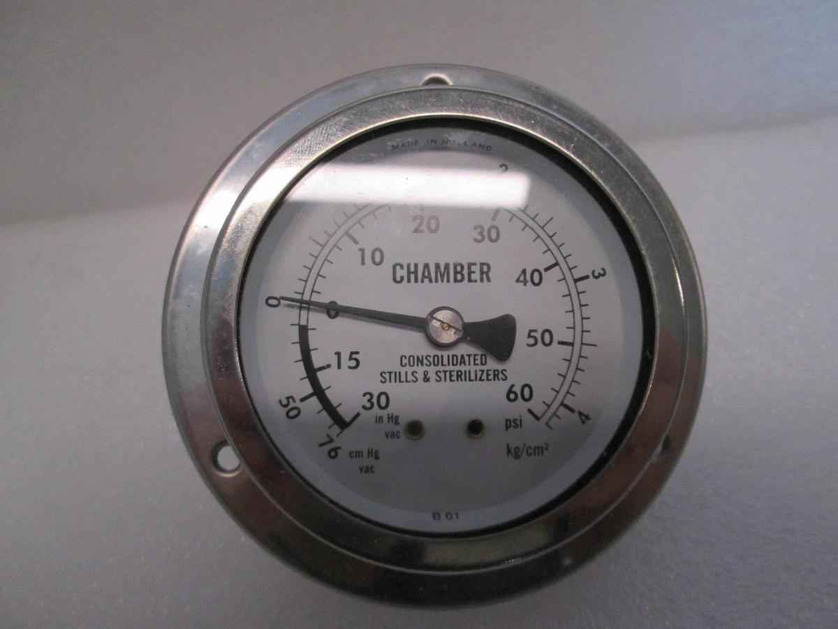 Used Consolidated Stills & Sterilizers, 0-60 PSI Pressure Gauge, Back Mount, Used
