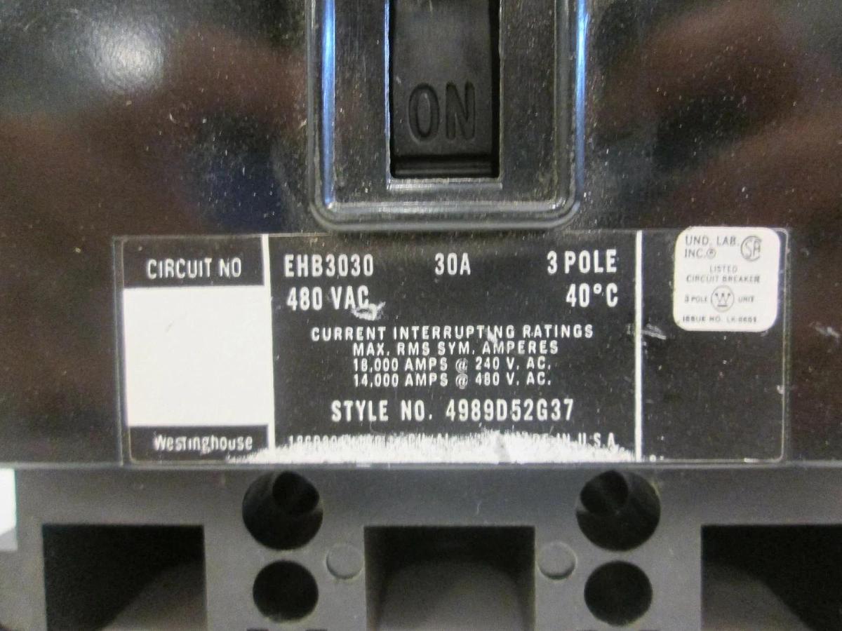 Used Westinghouse EHB3030 Circuit Breaker, 480 VAC 30A, 3 Pole