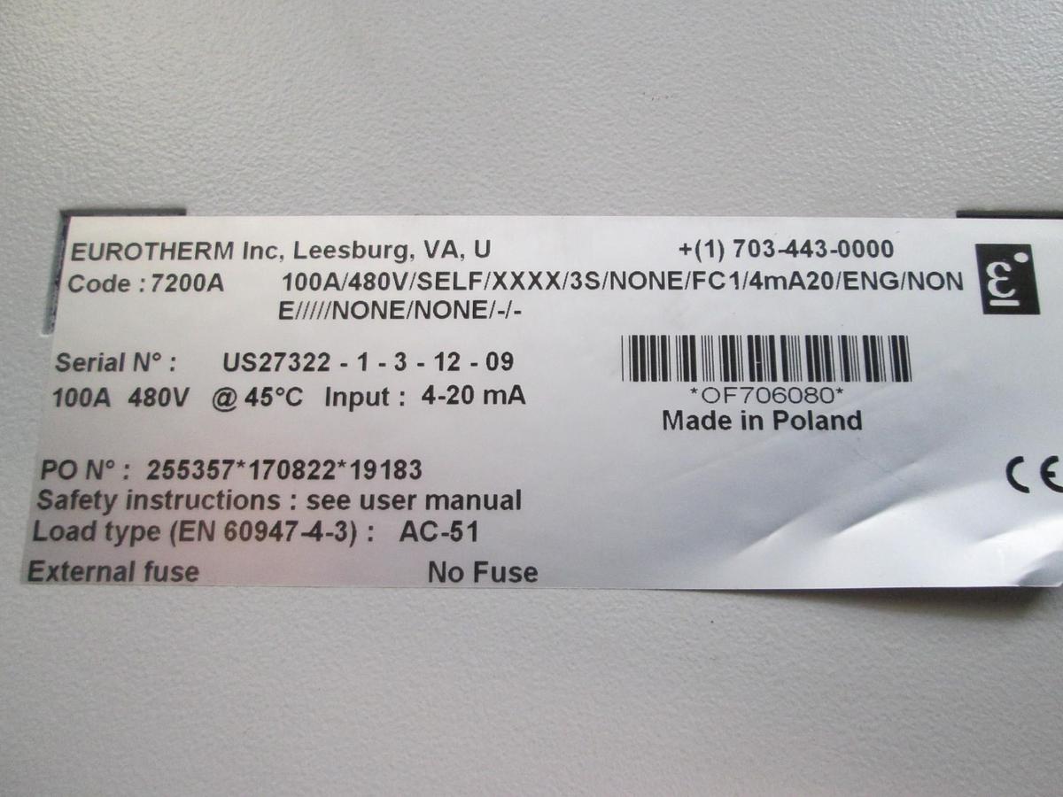 Used Eurotherm, 7200A, Smart Controller w/ Enclosure and Heat Sink, 100A/480V, Used