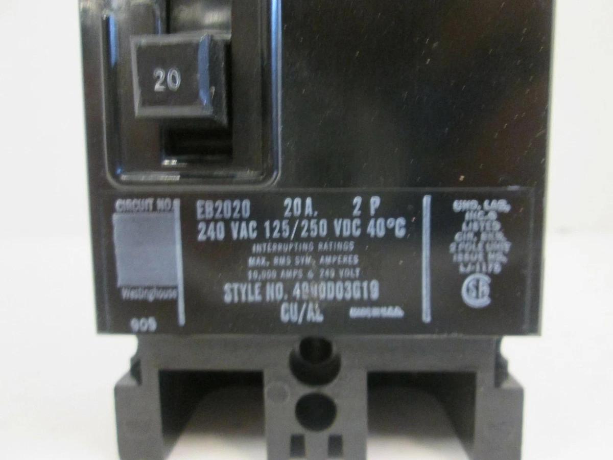 Used Westinghouse EB2020 Circuit Breaker, 240 VAC 20A, 2 Pole