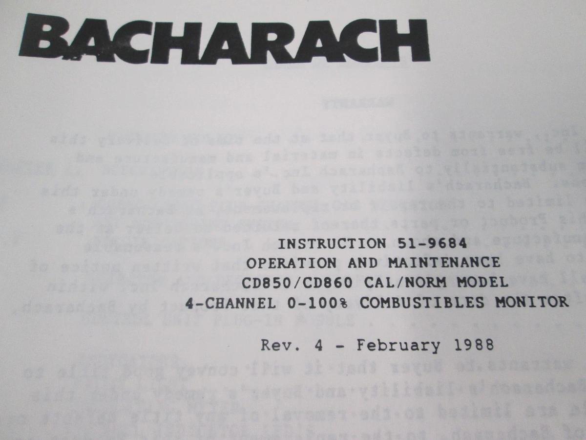 Used Bacharach, CD850/CD860 CAL/NORM Model, Operation and Maintenance Manual, Used