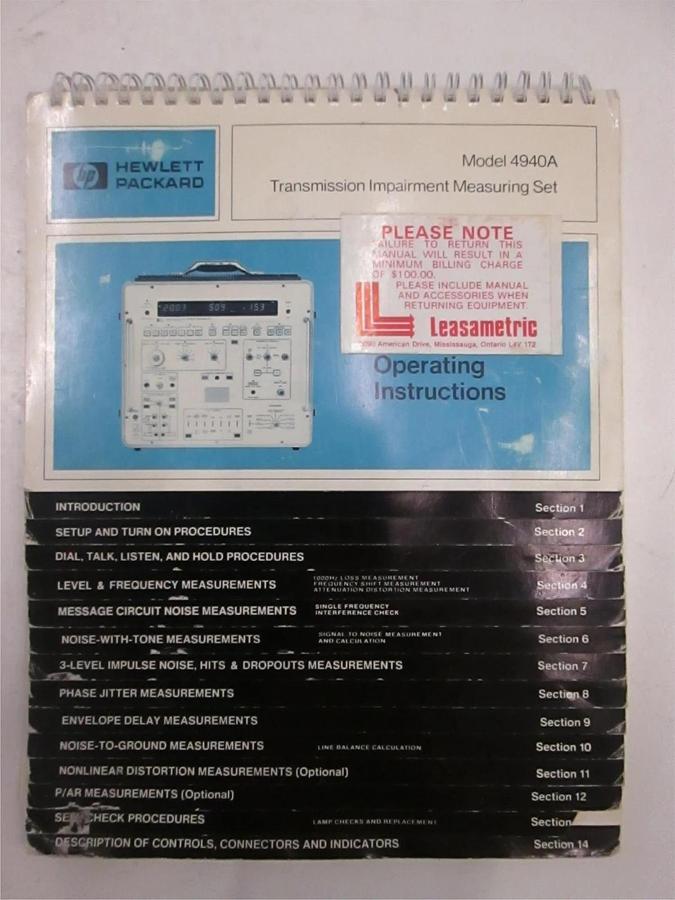 Used HP 4940A Transmission Impairment Measuring Set Operating Instructions, Used