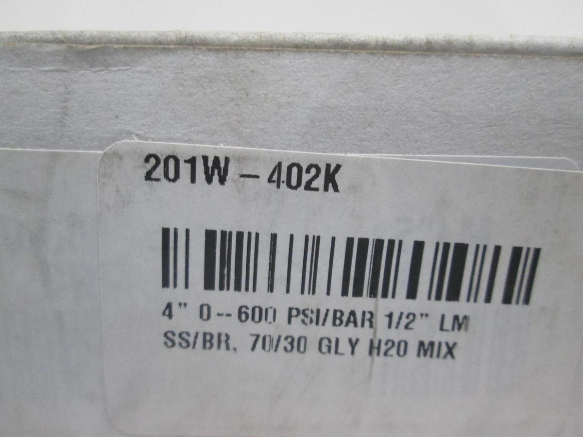 PIC Gauge, 201W-402K, 4", 0-600 PSI/Bar 1/2" LM SS/BR, 70/30 GLY H20 Mix, New