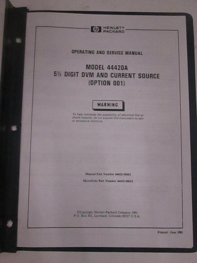 Used HP Model 44420A, 5 1/2 Digit DVM And Current Source (001) Operating Manual, Used