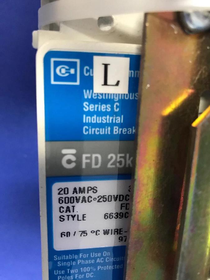 Used Westinghouse FD 25K Circuit Breaker 20A, 600 VAC-250 VDC w/ Cable Operator, Used