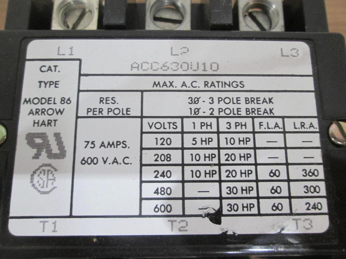 Used Arrow Hart, ACC63OU10, Model 86 Contactor, 75A, Used