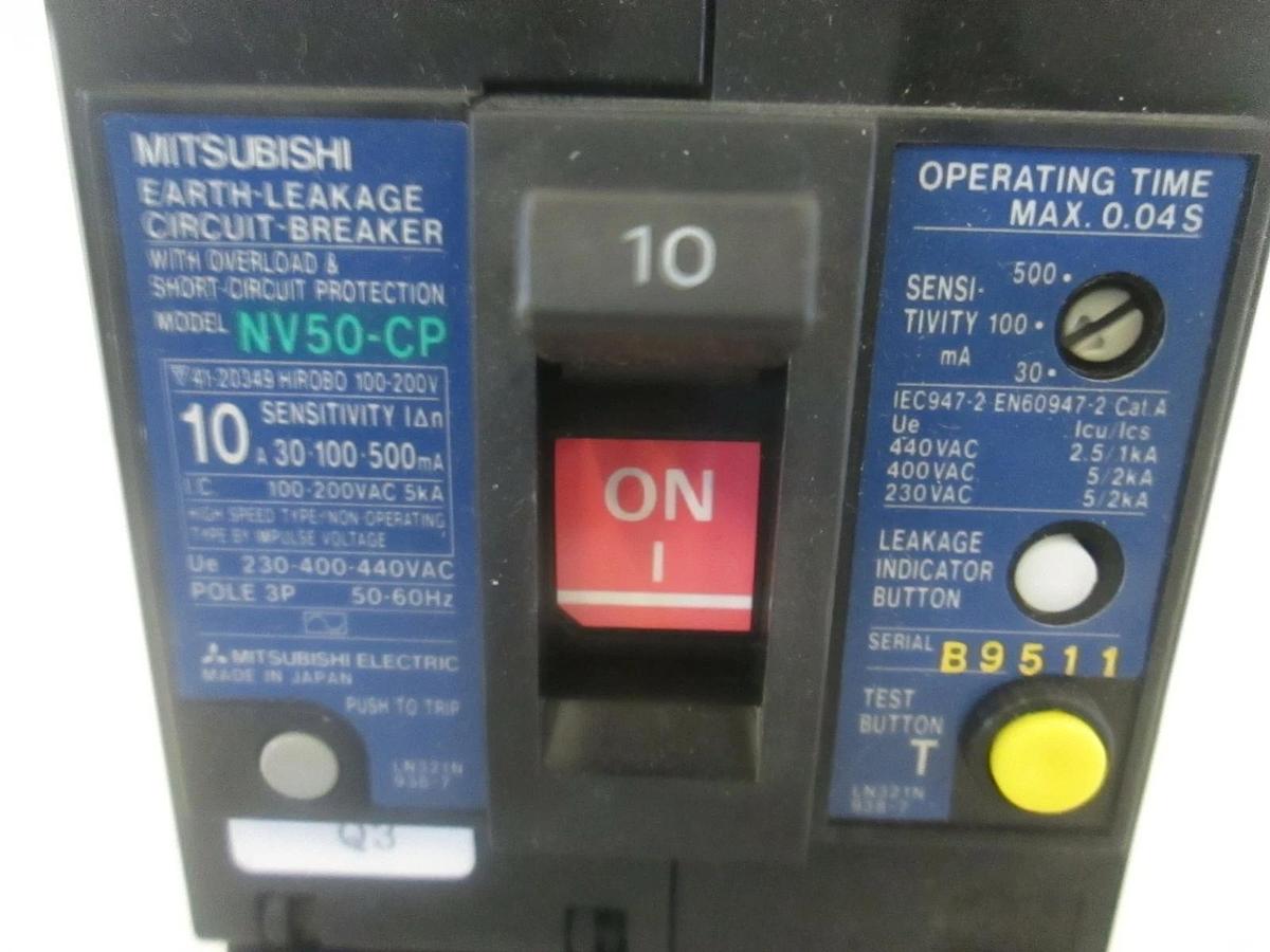Used Mitsubishi, 3 Pole Earth-Leakage Circuit Breaker 10A, NV50-CP, Used