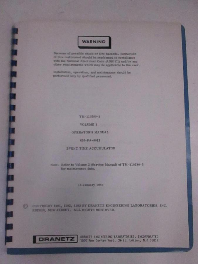 Used Dranetz TM-110280-3 Volume 1 Operator's Manual, Used