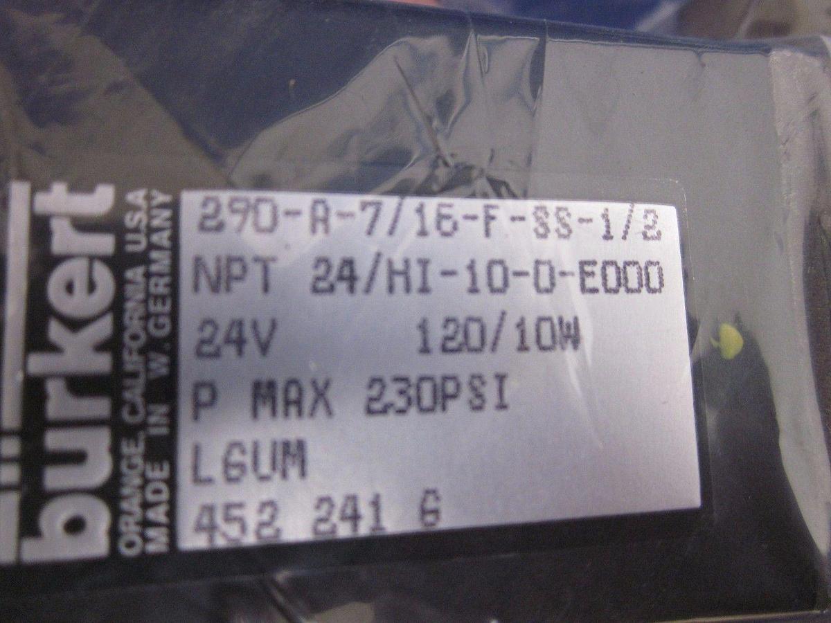 Used Burkert 452 241 G General Purpose Valve 2/2 Way, 290-A-7/16-F-SS-1/2, LOT of 2