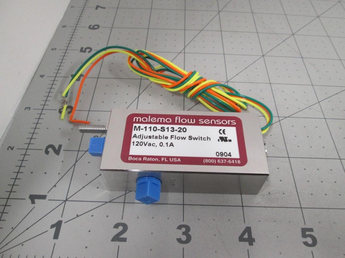 Used Malema Flow Sensors, M-110-S13-20, Adjustable Flow Switch, 120VAC, New