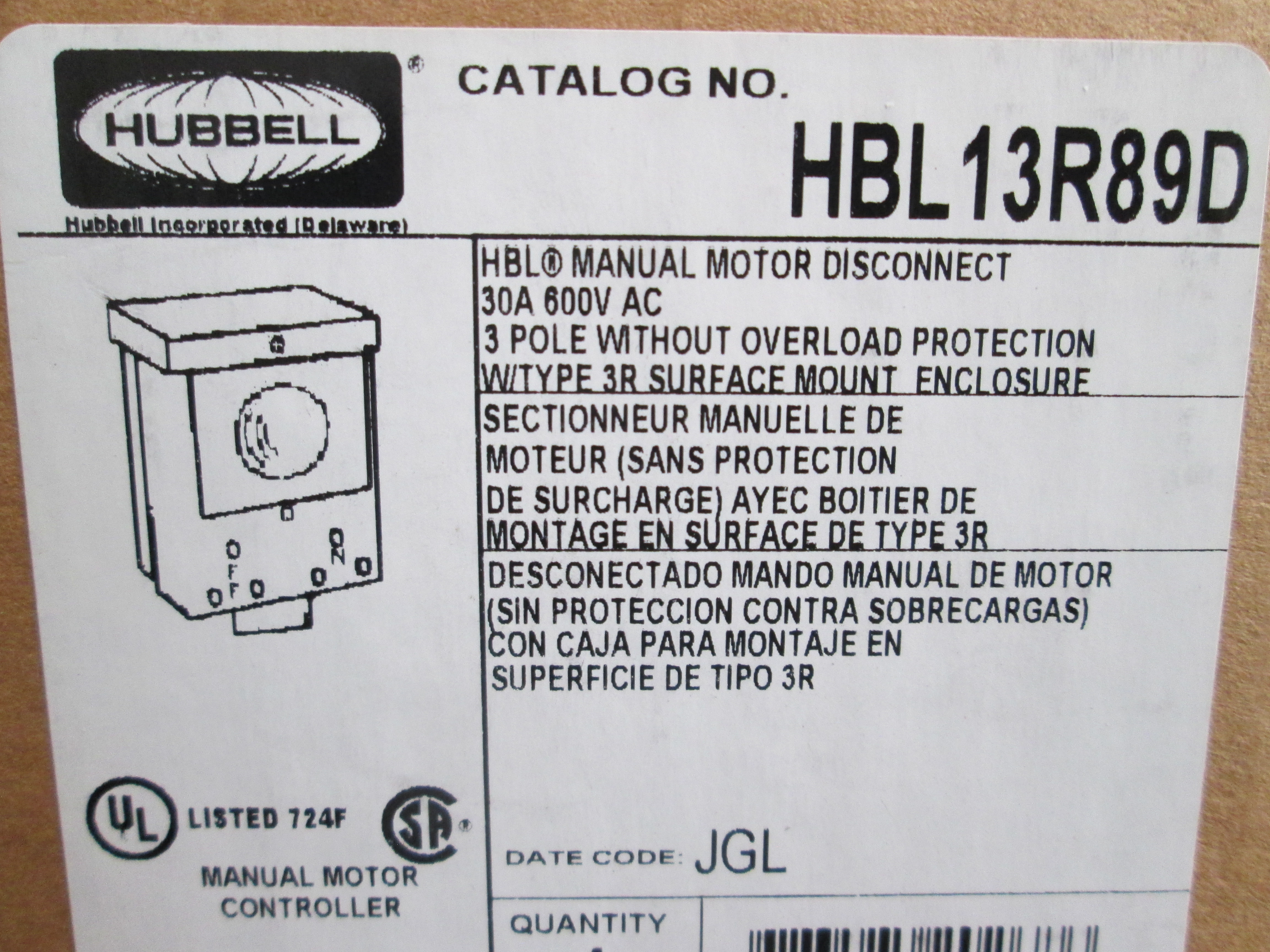 Hubbell HBL13R89D Manual Motor Disconnect 30A 600V 3-Pole NEMA 3R NEW 