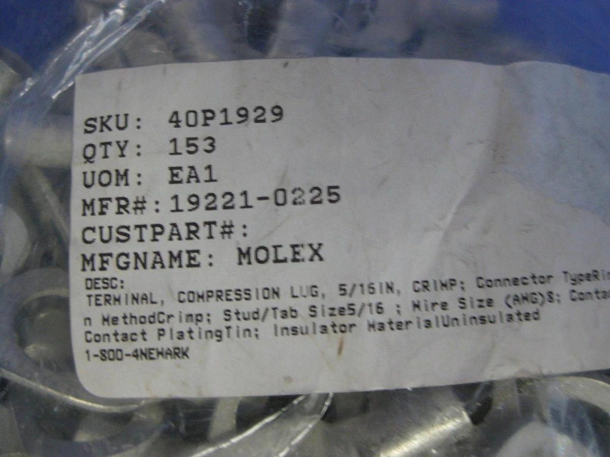 Molex 19221-0225 Battery Cable Lug for 8AWG Wire, 5/16" Stud, Lot of 153