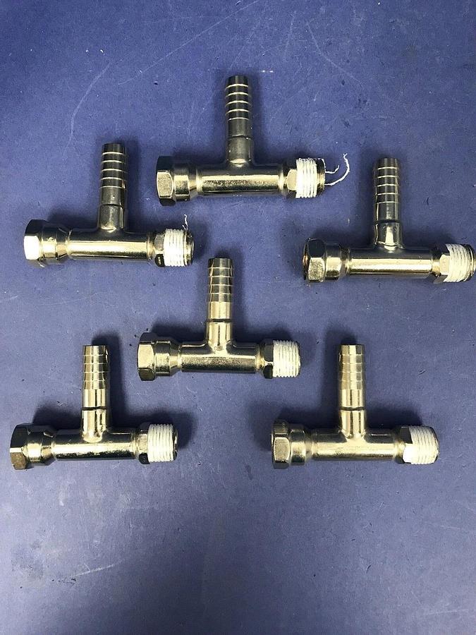 Used Nibco Stainless Steel Tee 3/4"FNPT x 3/4"MNPT x 1/2" Barb, Lot of 6 Used