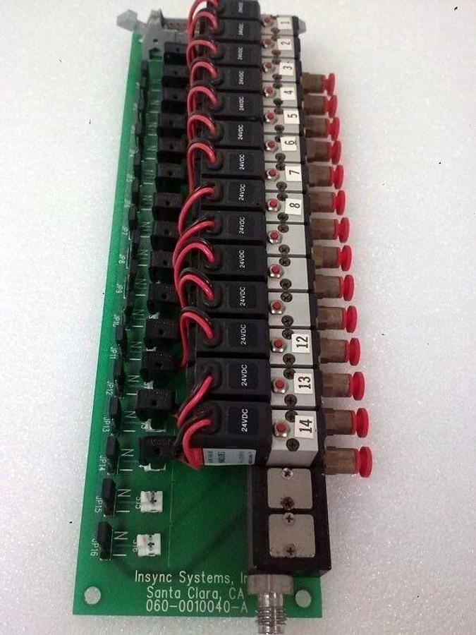 Used Insync Systems 060-0010040-A PCB Assembly with 14 24-Volt Solenoid Valve, Used