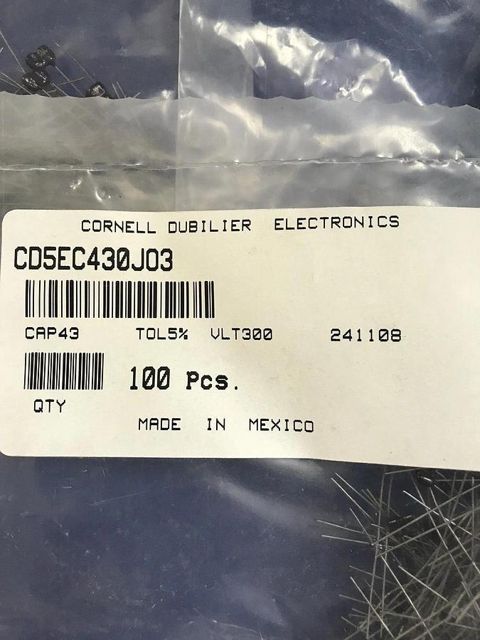 Cornell Dubilier CD5EC430JO3 Dipped Mica Capacitor 300V 5%TOL, Lot of 500