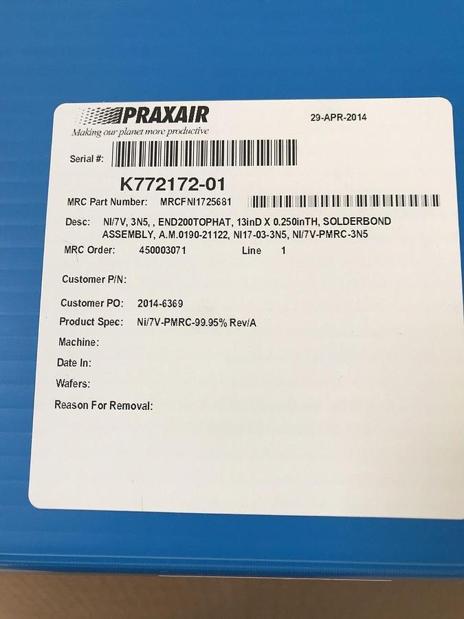 Used Praxair NI7V, 3N5, END200TOPHAT SolderbondAssy, 13"x.25", AMAT 0190-21122, New