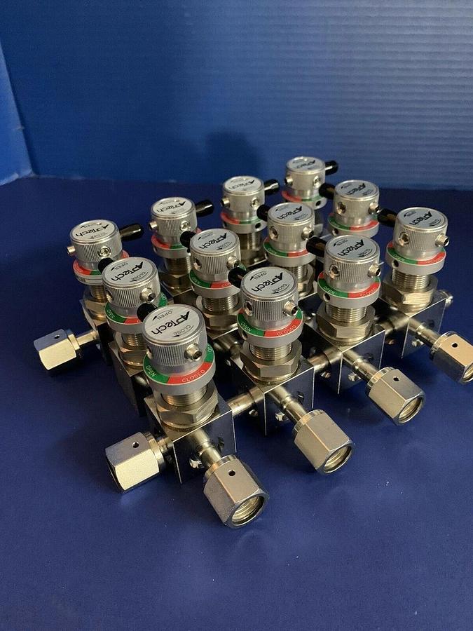 Used APTech AP4625SM (12) Manual Diaphragm Valve Manifold Assy w/ 12 Valves, Used