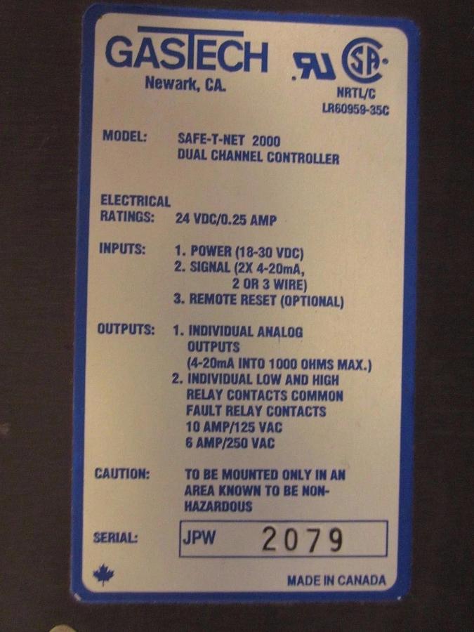 Used GasTech Safe-T-Net 2000 Dual Channel Controller Module, Used