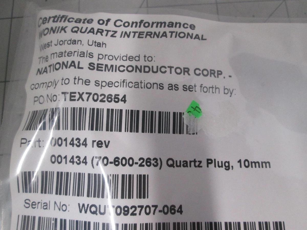 Wonik Quartz International, 001434, 10mm Quartz Plug, New