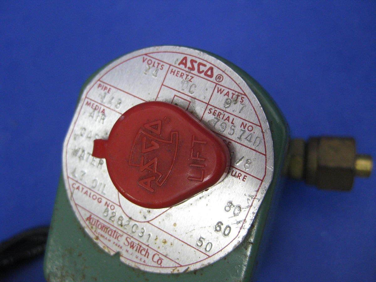 Used Asco 8262C31 Red Hat Solenoid Valve, 1/8", 24 VDC, 50/60/80 psi, Used