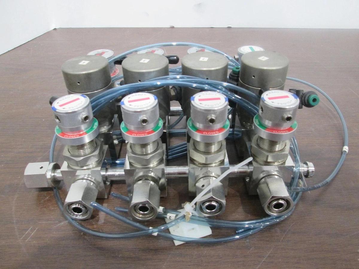 Used APTech AP4625 (8) Manual Diaphragm Valve Manifold Assy w/ 4 Valves, Used