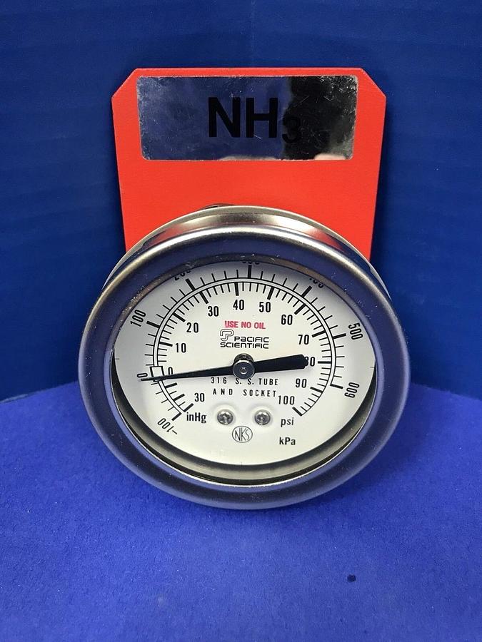 Used Pacific Scientific Gauge 30-0-10 psi / -100-600 kPa, 2.5", 1/4" MVCR, Used