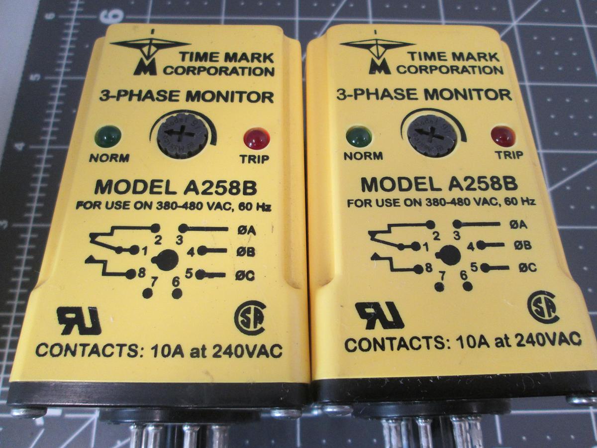 Used Time Mark, A258B, 3-Phase Monitor Relay, 380-480VAC 60Hz 10A, Lot of 2