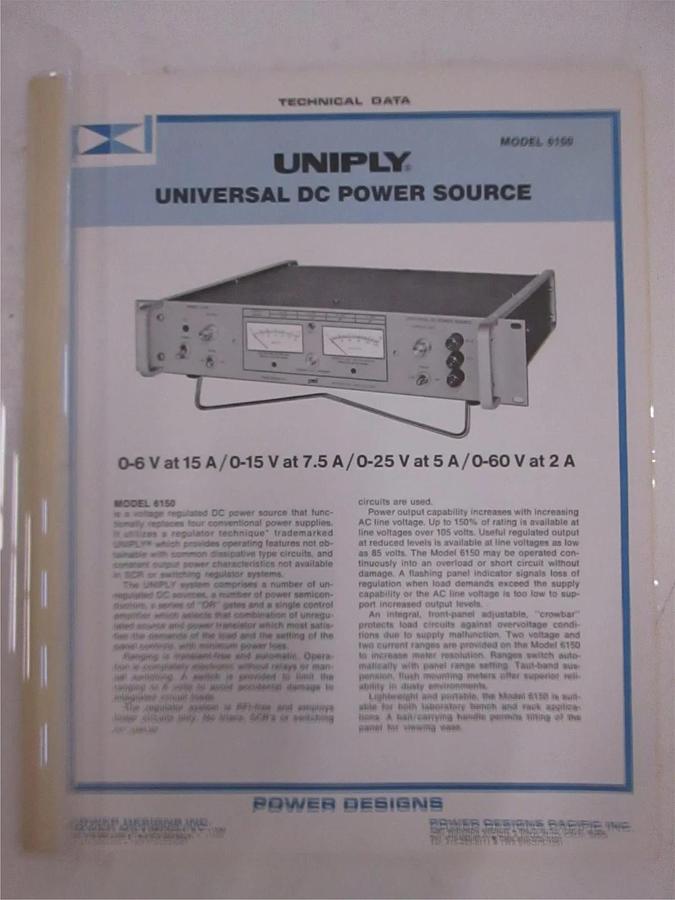 Used Power Designs Model 6150 Universal DC Power Source Technical Data, Used