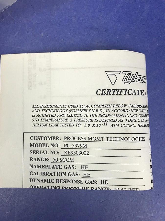 Used Tylan 2900 MFC PC-5979M Mass Flow Controller, 50 SCCM, HE, Block Mount, Rfrb
