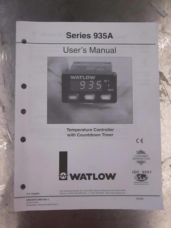 Used Watlow Series 935A User's Manual for Temperature Controller w/ Countdown Timer