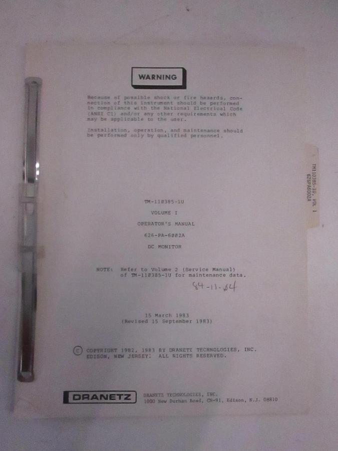 Used Dranetz Volume 1 Operators Manual for TM-110385-1U, Used