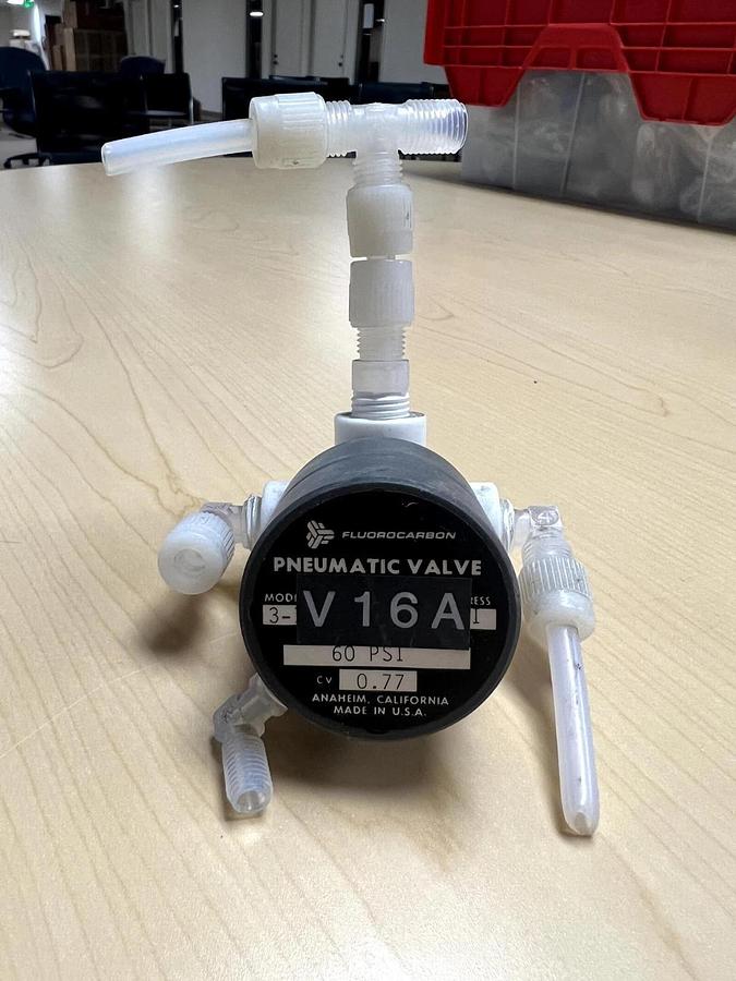 Used NV3 144 Fluorocarbon Pneumatic Value V16A 60 PSI 0.77, Used