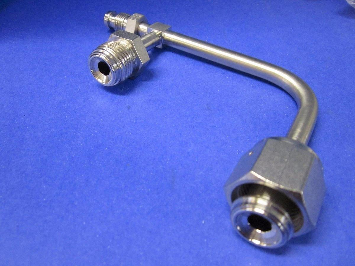 Used Vacuum Elbow Tube Weldement Assy, 1/4" MVCR x 1/2" Female VCR w/ 1/2" MVCR Port