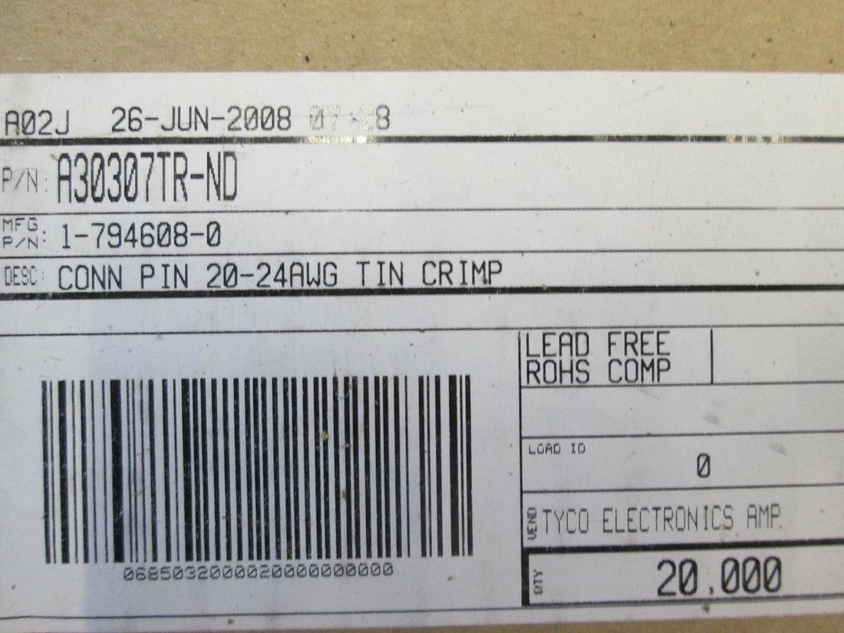 Tyco, 1-0794608-0, Connector Pin 20-24 AWG Tin Crimp, Used, Lot of 10000