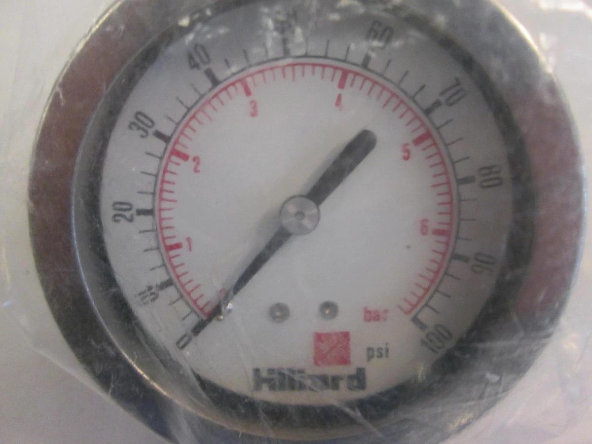 Used Hillard Pressure Gauge w/ Back Mount, 0-100 PSI, 0-7 Bar