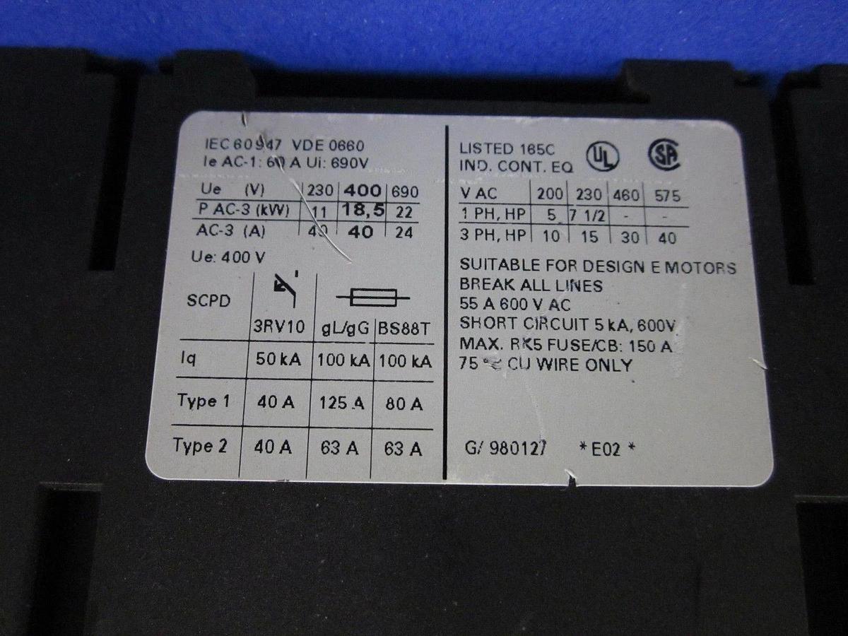 Used SIEMENS 3RV1031-4FA10 Circuit Breaker for Motor Protection w/ Contactor