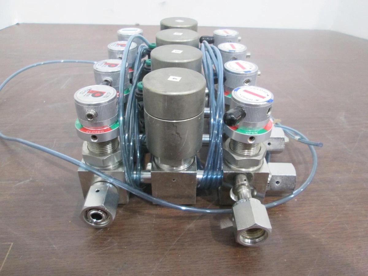 Used APTech AP4625 (8) Manual Diaphragm Valve Manifold Assy w/ 4 Valves, Used