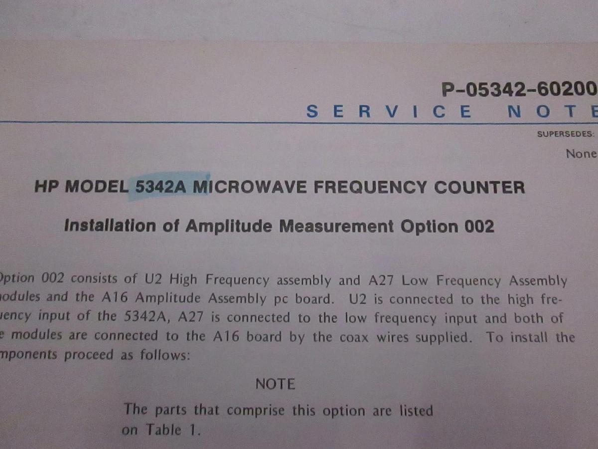 Used HP Model 5342A Microwave Frequency Counter Service Note, Used