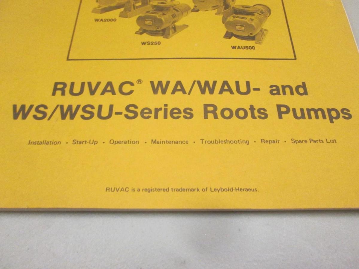 Used Leybold, Operation and Maintenance Manual for RUVAC WA/WAU Pumps, Used