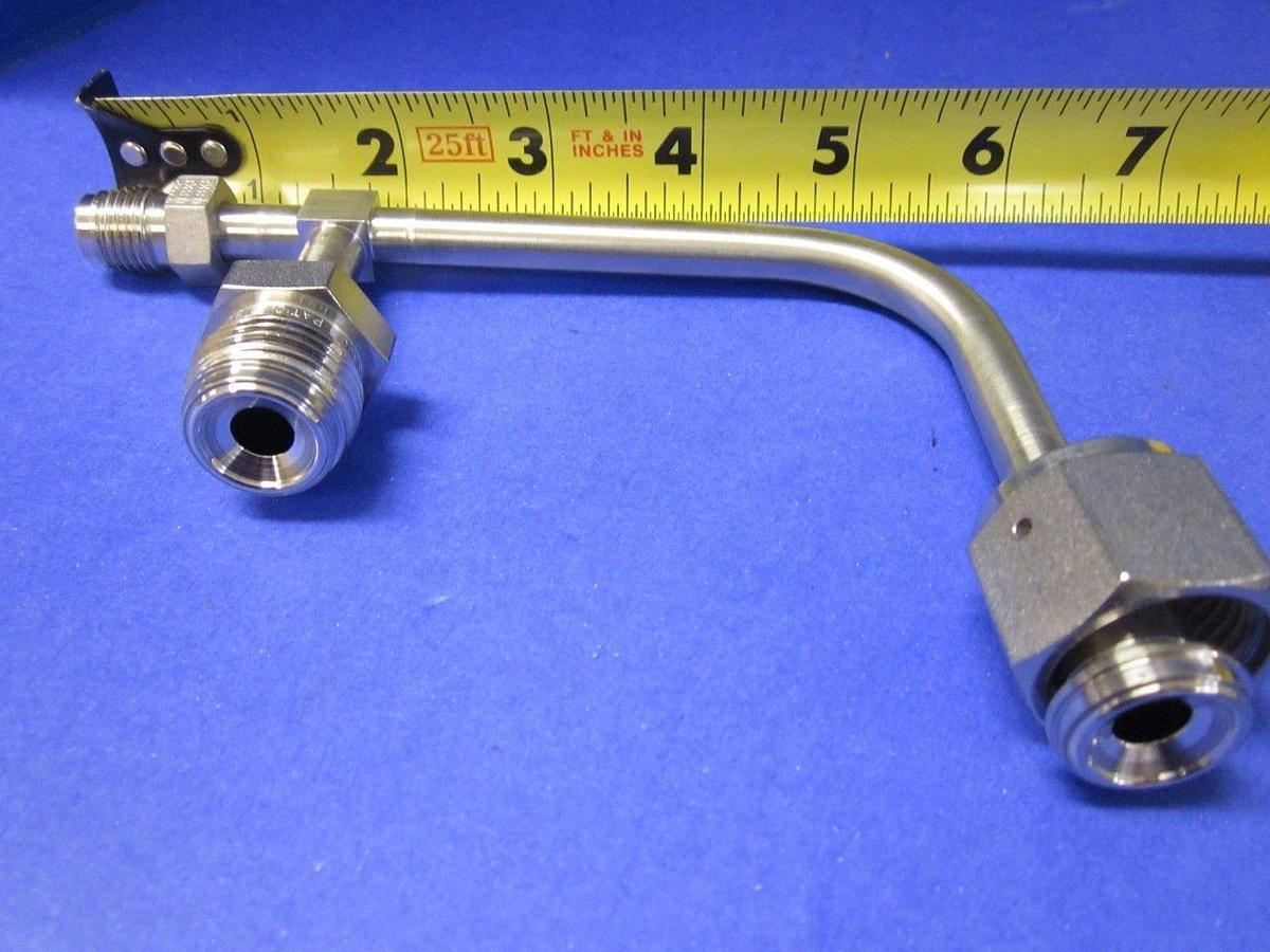 Used Vacuum Elbow Tube Weldement Assy, 1/4" MVCR x 1/2" Female VCR w/ 1/2" MVCR Port