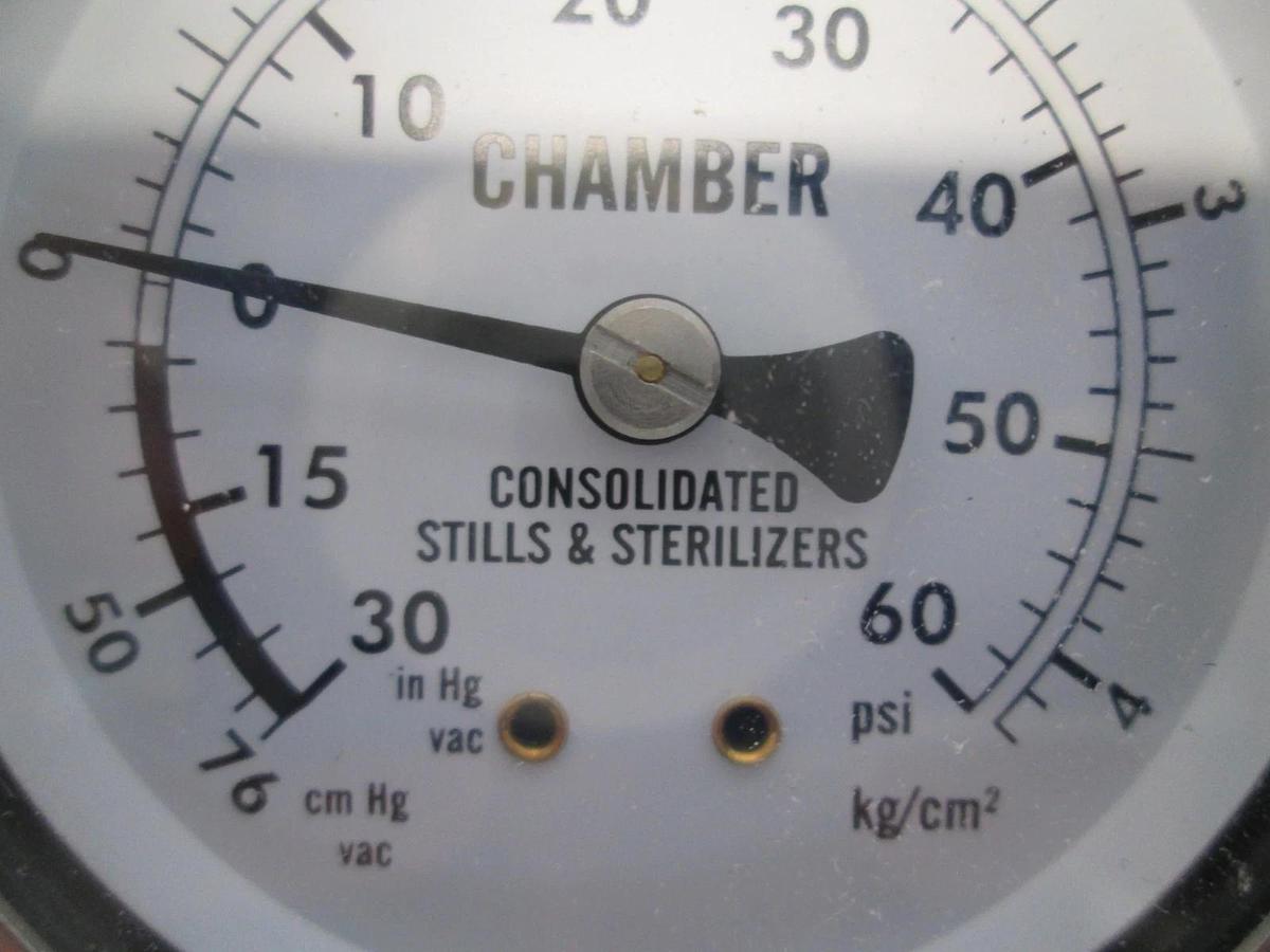 Used Consolidated Stills & Sterilizers, 0-60 PSI Pressure Gauge, Back Mount, Used