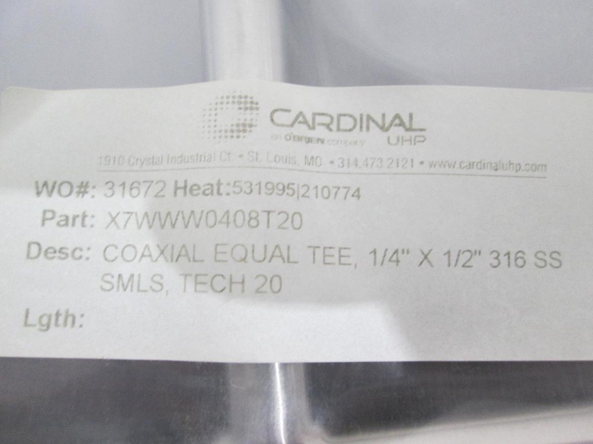 Cardinal, X7WWW0408T20, Coaxial Equal Tee, 1/4" x 1/2" 316L SS SMLS Tech 20, New