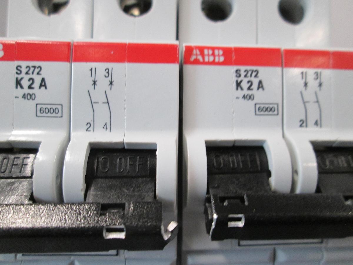 Used ABB, S272-K2A, 2A 2 Pole K Curve Circuit Breaker 220/380VAC DIN Rail Lot of 2
