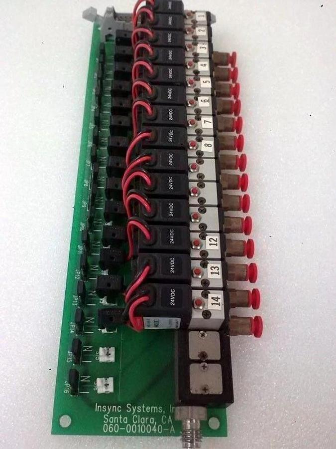 Used Insync Systems 060-0010040-A PCB Assembly with 14 24-Volt Solenoid Valve, Used