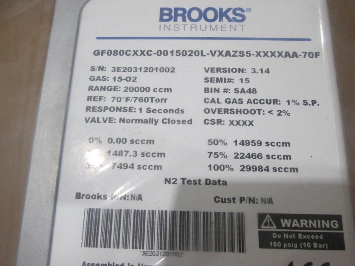 Brooks, GF080CXXC, 20000 ccm, 15-O2 Gas, Mass Flow Controller, New