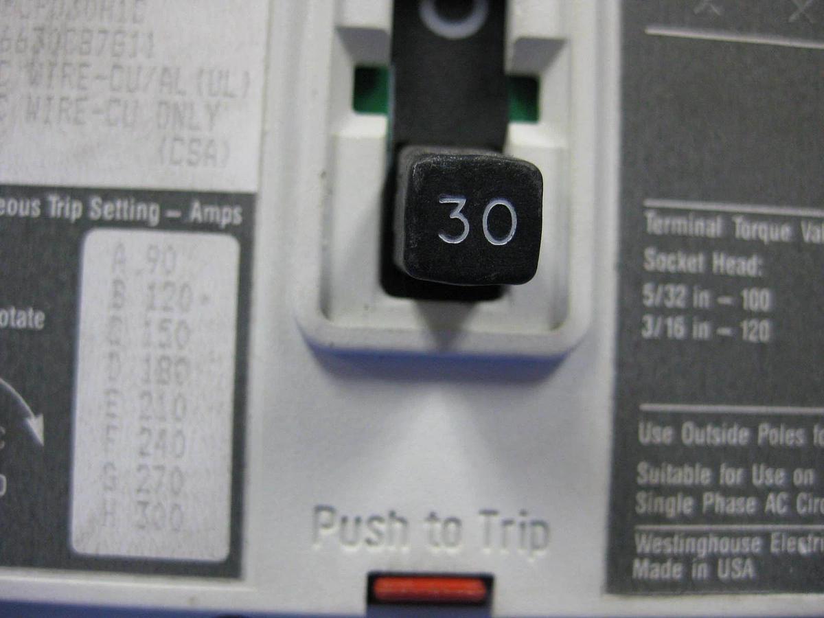Used Westinghouse Series C HMCP030H1C Circuit Breaker, 600VAC-250VDC 30A 3 Pole, Used