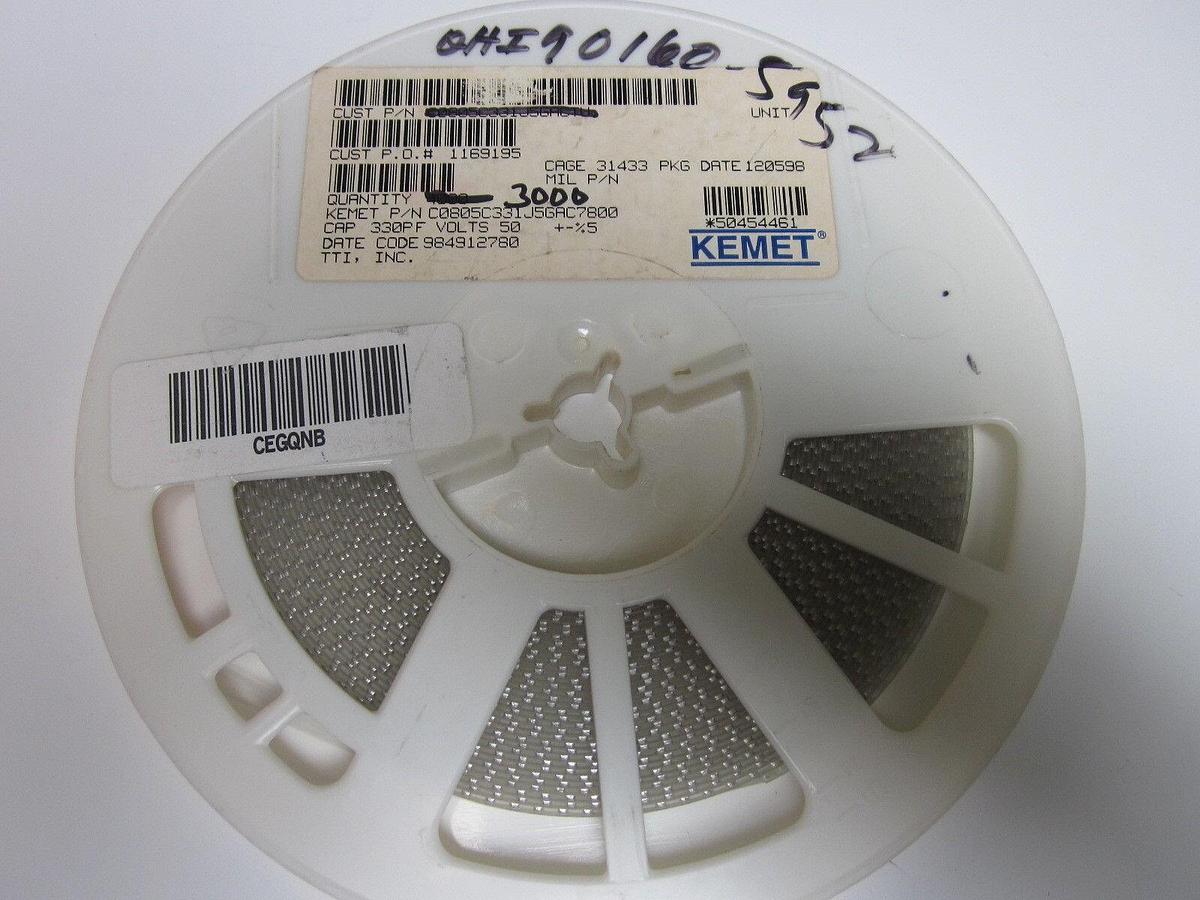 Kemet Ceramic Capacitor, C0805C331JGAC780, 50V, 5%TOL, Reel of 3000