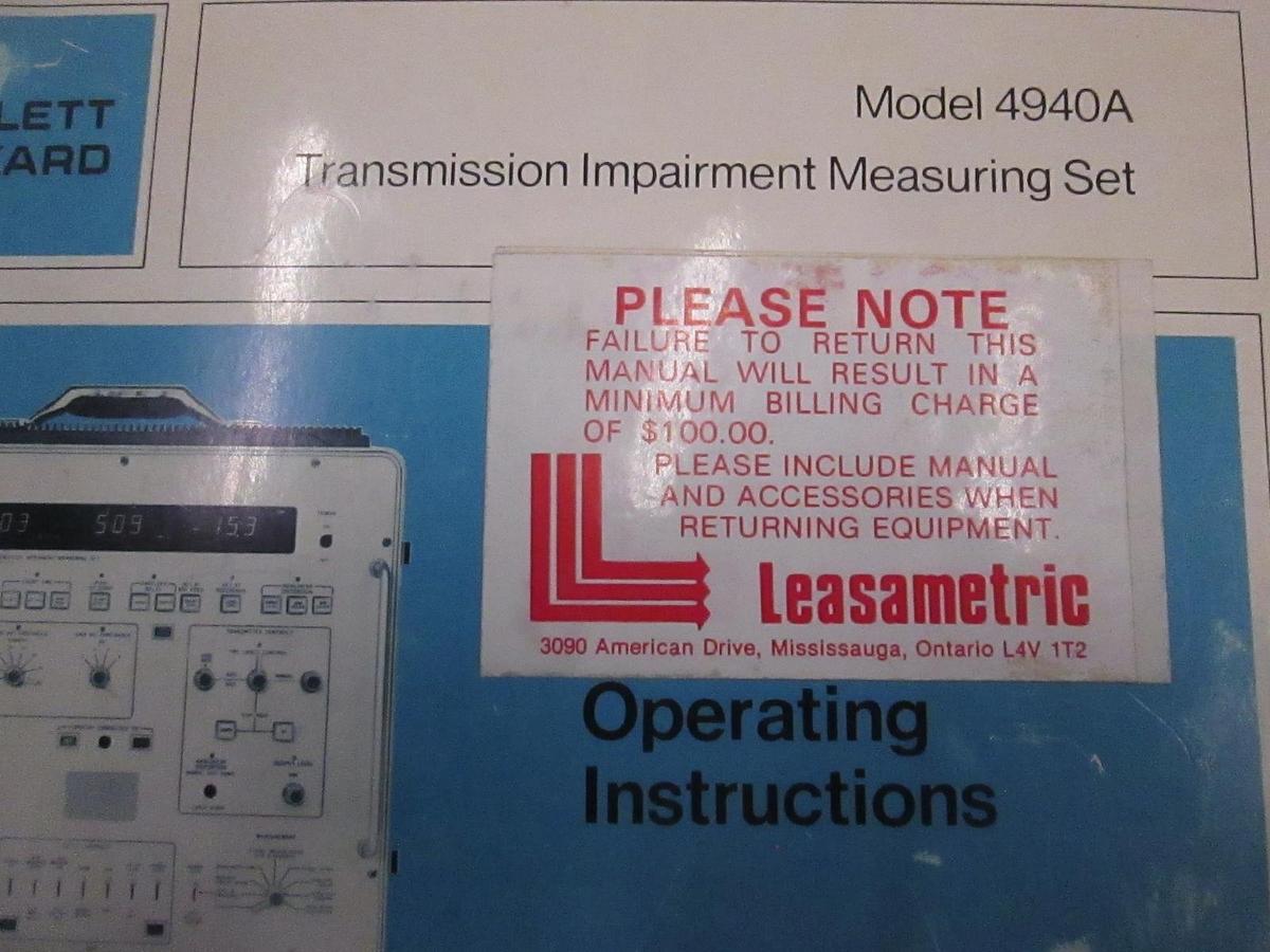 Used HP 4940A Transmission Impairment Measuring Set Operating Instructions, Used