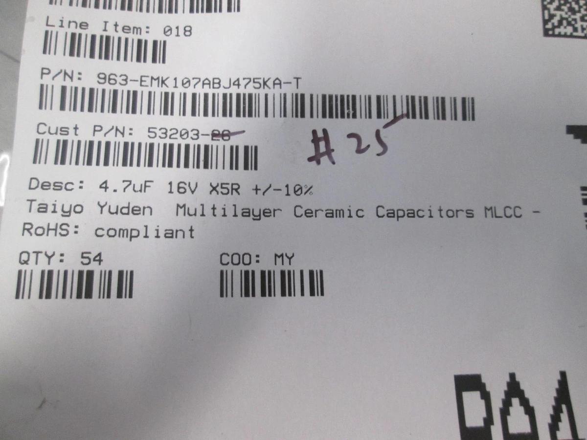 Taiyo Yuden, Multilayer Ceramic Capacitor, 4.7uF 16V X5R +/- 10%, New, Lot of340