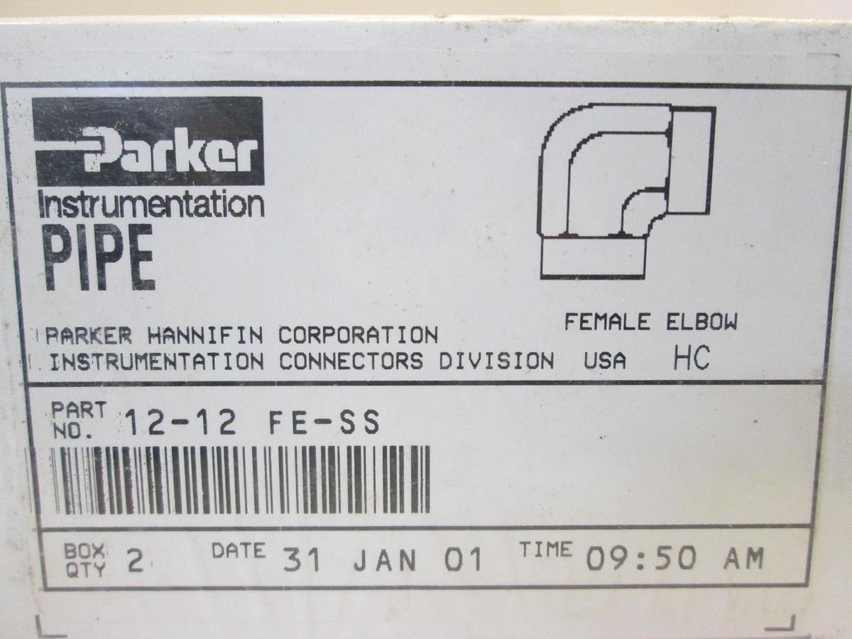 Parker, 12-12 FE-SS, Female Elbow Pipe Fitting Box of 2, New, Original Packaging